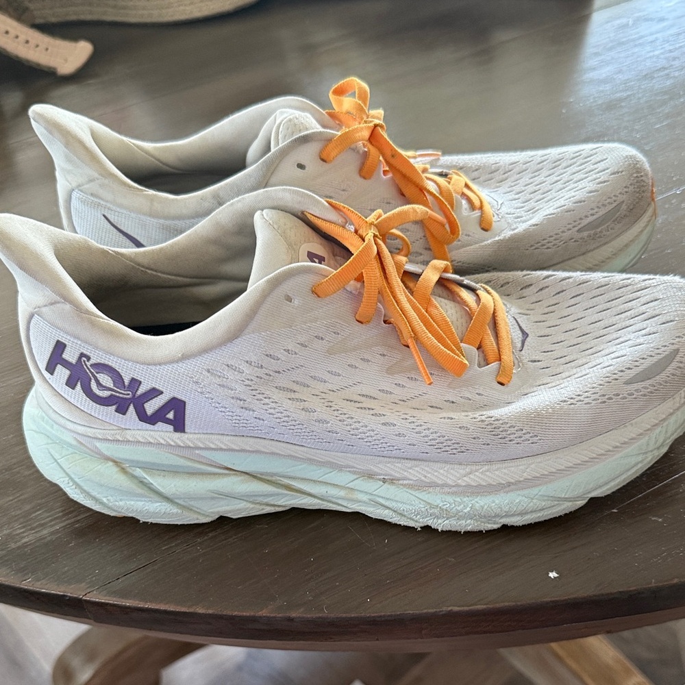 Hoka Clifton size 10 White with Orange/Purple Accents Running Shoes - Picture 3 of 6